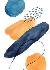 Watercolor abstract shapes art in blue and gold colors. Watercolor Arrangements. Mid Century Modern Wall Art, Minimalistic geometric frames.