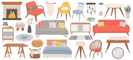 Hygge furniture for home. Cozy interior decor fireplace, tables, chair, sofa and pillows. Trendy scandinavian bedroom furnishing vector set © Tartila