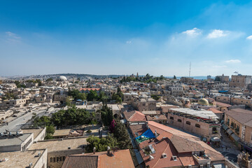 Aerial view of the old city of Jerusalem. Muristan, complex of streets and shops in the Christian Quarter, View from the Lutheran Church of the Redeemer.