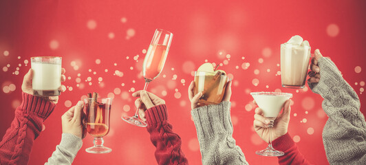 Hands in holiday sweaters holding christmas drinks, banner
