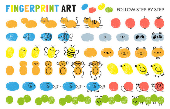 Fingerprint art steps. Worksheet for kid learning to draw animals. Paint with finger print kindergarten activity. Game for child vector page