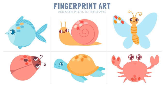 Finger prints kid activity. Worksheet coloring with fingerprint art - butterfly, fish, snail and turtle. Vector fun game for preschool child