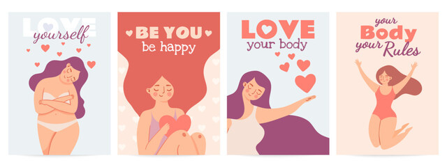 Body positive posters. Love yourself prints with happy woman with self esteem, heart and motivation quote. Women or valentine day vector set