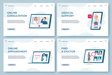 Fototapeta na wymiar Medical consultation landing pages. Online doctor support, health services, find specialist and make appointment. Medicine vector web page
