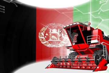 Agriculture innovation concept, red advanced grain combine harvester on Afghanistan flag - digital industrial 3D illustration