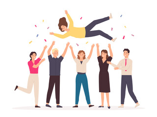 Team throwing person in air. Celebrate win and business success congratulation. Friends toss up woman at party with confetti vector concept