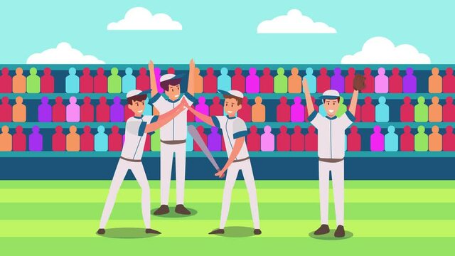Happy baseball team celebrating triumph in stadium