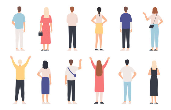 People from behind. Adult man and woman back view standing poses. Happy person with hands up and waving. Rear human in clothes vector set