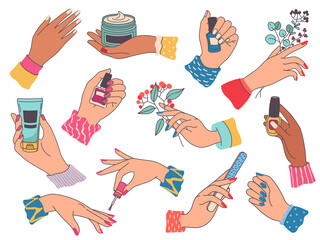 Female hands with manicure. Woman painting nails, holding cream, file, flower and polish bottle. Beauty salon nail and hand care vector set