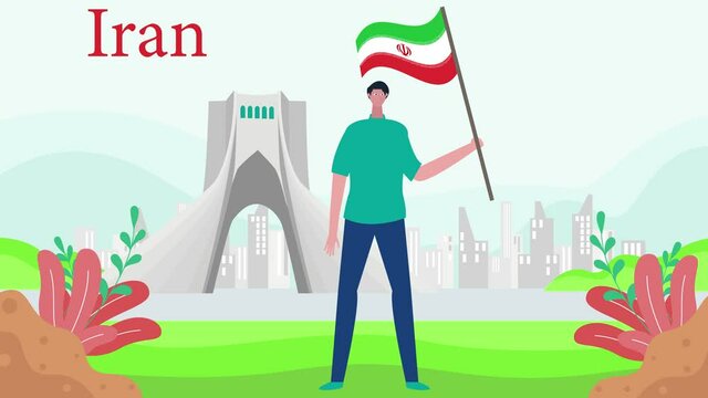 Man holding Iran flag and standing near Azadi tower