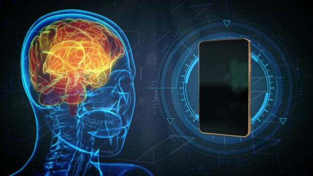 4K 60 fps 3D animation - x-ray human head moving with ringing incoming call mobile phone, brain harm by mobile network concept