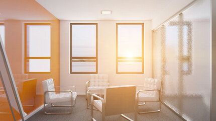 Fototapeta na wymiar Modern office Cabinet. 3D rendering. Meeting room. Sunset.