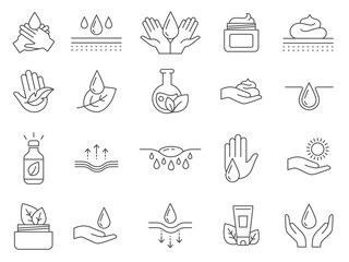 Skin care icons. Outline anti age lifting cream, oil drop, hands moisture gel, collagen and ph balance. Natural cosmetics line vector set