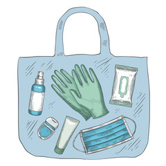 Travel sanitizer kit. Disinfectant, medical mask, gloves, alcohol spray and wipes in bag. New normal life during covid-19, vector concept