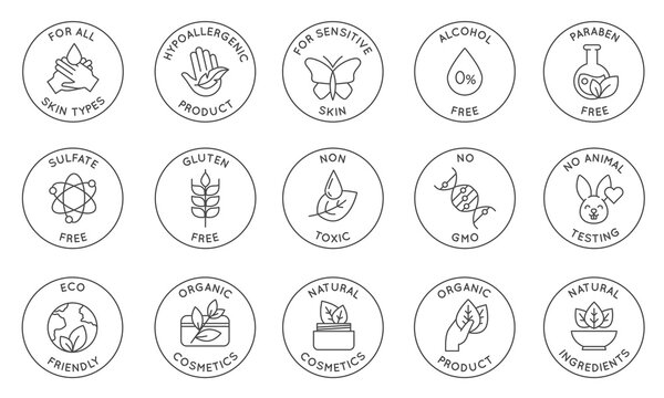 Eco cosmetics icon. Organic natural products alcohol, paraben and gluten free line icons for packaging. Round stamps and badges vector set