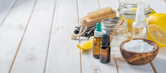Zero waste and eco cleaners - ingredients on wood background, copy space