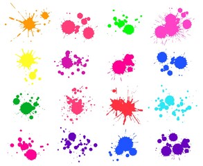 Color paint splatter. Bright ink stains and spray blots isolated on white. Watercolor spaint, spot or drop elements - obrazy, fototapety, plakaty