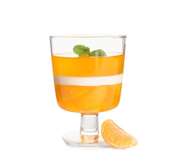 Delicious tangerine jelly with mint on white background