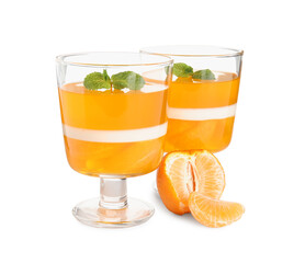 Fototapeta premium Delicious tangerine jelly with mint on white background