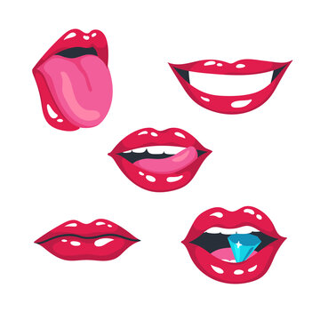 Red lips set. Sexy women lips, smile, kiss, diamond bite, mouth half open, lip licking, tongue out. Vector illustration on white background