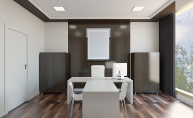 Open space office interior with like conference room. Mockup. 3D rendering.