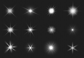 Flares and sparkling stars effect. White light burst, shiny glare. Magic starburst, realistic glow set