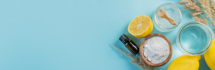 Zero waste and eco cleaners - ingredients on blue background, copy space