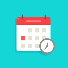 Calendar with clock as waiting scheduled event icon symbol isolated flat cartoon 
