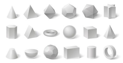 White geometric 3d shapes. Geometry form for education. Hexagonal and triangular prism, cylinder and cone © Tartila