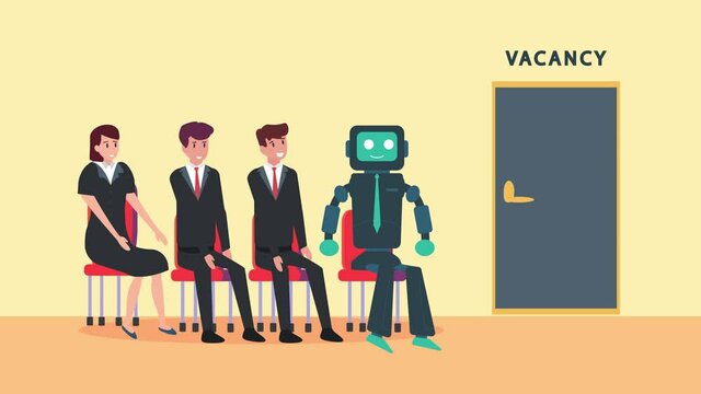 Business people and robot waiting for job interview