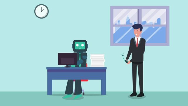 Businessman controlling robot to work in office
