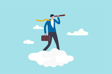 Business opportunity, leadership vision to see company strategy to achieve target concept, smart businessman riding high cloud holding telescope or binocular to search for business visionary.