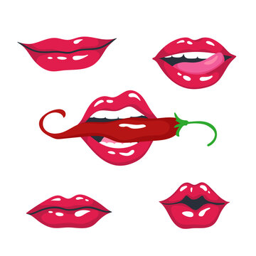 Sexy red women lips, smile, kiss, mouth half open, lip bite, lip licking. Vector illustration collection on white background