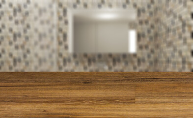 blurred interior on a wooden table background.Clean and fresh bathroom with natural light. 3D rendering.