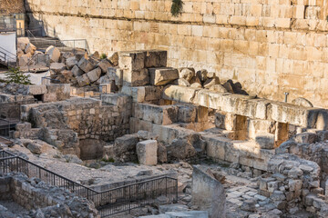 Ruins and remains next to the western wall and Al-Aqsa Mosque in the Old City of Jerusalem, the third holiest site in Islam. built on top of the Temple Mount, known as Haram esh-Sharif in Islam.