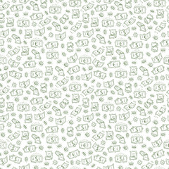 Money Vector Seamless pattern. Hand Drawn doodle Dollar Banknotes. Money rain background
