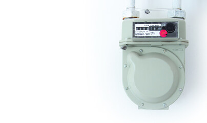 domestic use gas meter located on a white background. Place for text