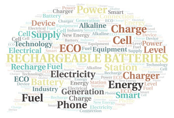 Rechargeable Batteries typography word cloud create with the text only.