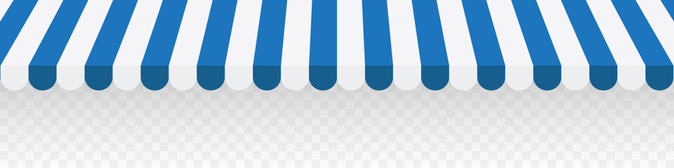 Blue striped awning for shop. Tent sun shade for market on transparent background. Vector illustration © Роман Ярощук