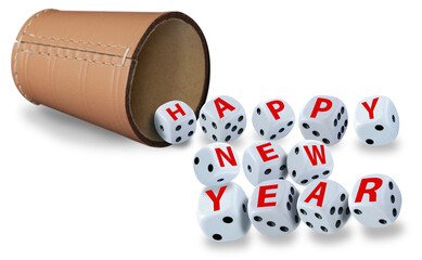 Dice spelling Happy New Year when tumbling out of a raffle cup on white background. Good luck and wealth concept.