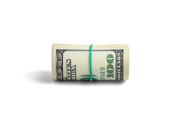 Roll of dollar bills tied with an elastic band on a white background with a shadow.