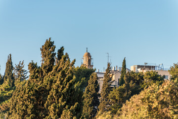 Obraz premium Ottoman style Minaret of Chapel of the Ascension on the top of Mount of Olives, east of Jerusalem, Israel.