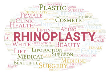 Rhinoplasty typography word cloud create with the text only. Type of plastic surgery