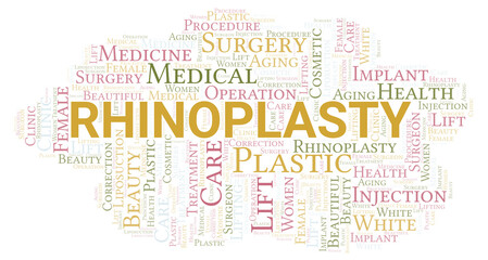 Obraz premium Rhinoplasty typography word cloud create with the text only. Type of plastic surgery
