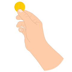 Hand holds a gold coin. Finance vector illustration on a white background isolated.