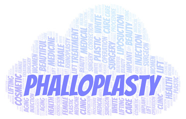 Phalloplasty typography word cloud create with the text only. Type of plastic surgery