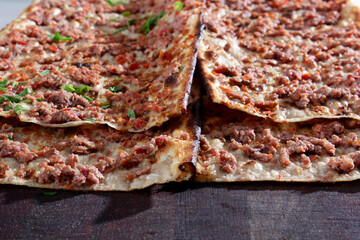  Turkish Pizza. Turkish food minced pide. Konya Etli Ekmek Kebab.