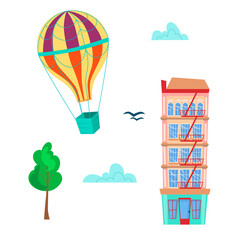 Obraz premium Cartoon balloon and cute house. Set of stickers. Vector illustration