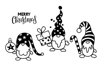 Christmas gnomes and Merry Christmas lettering. Design for Merry Christmas and Happy New Year Card, DIY, greeting card, wrapping paper in Flat Style. Kids illustration. Happy New Year design template