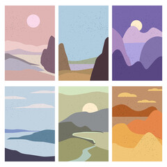 Naklejka premium Set Landscapes Abstract Modern Contemporary background sunset sea ocean. Mountains, hills, waves shapes. Vector illustration trendy art flat minimalist style template banner poster